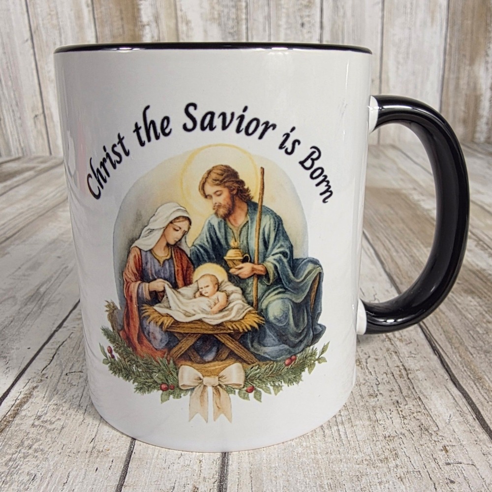 Christ the Savior is Born Nativity Scene Ceramic Coffee Mug White Black Interior - Picture 2 of 5